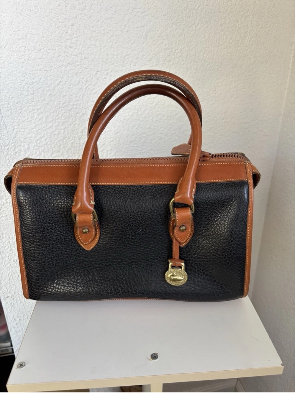 Dooney & Bourke Black Leather Satchel with Brown Trim - Picture 2 of 5